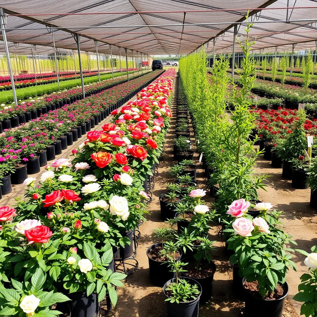 Nursery with rows of potted plants and flowering shrubs