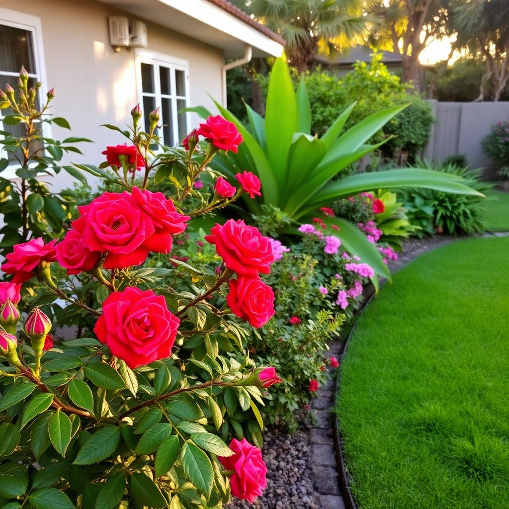 Lush residential garden with roses and tropical plants