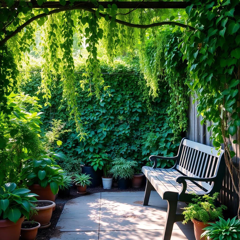 Serene outdoor garden seating area with greenery